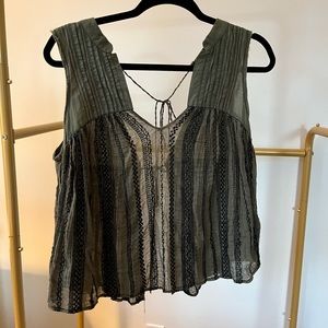 Like new- Free people green embroidered open back tank top.